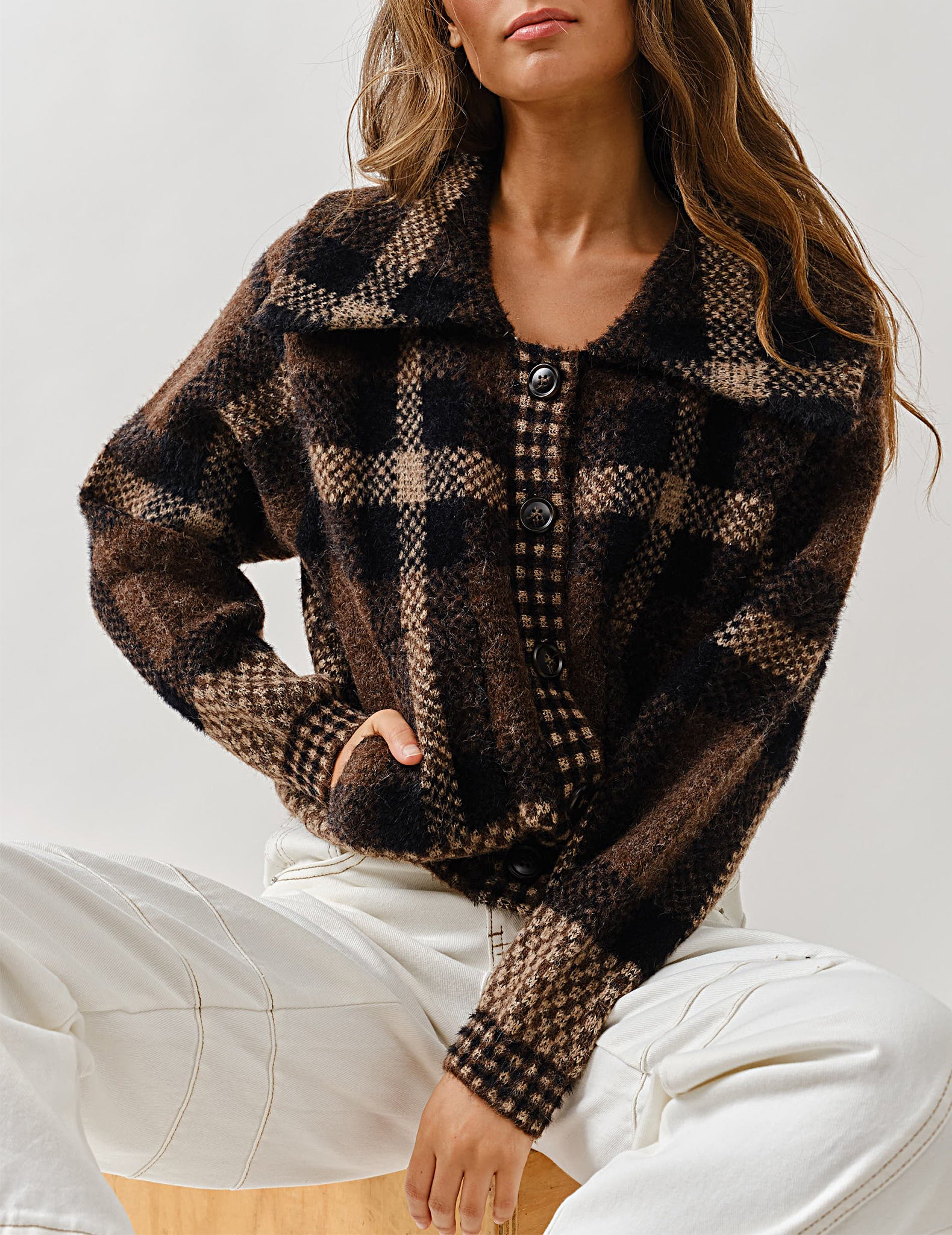 Delphine Brown Plaid Button Cardigan – Cuffs.