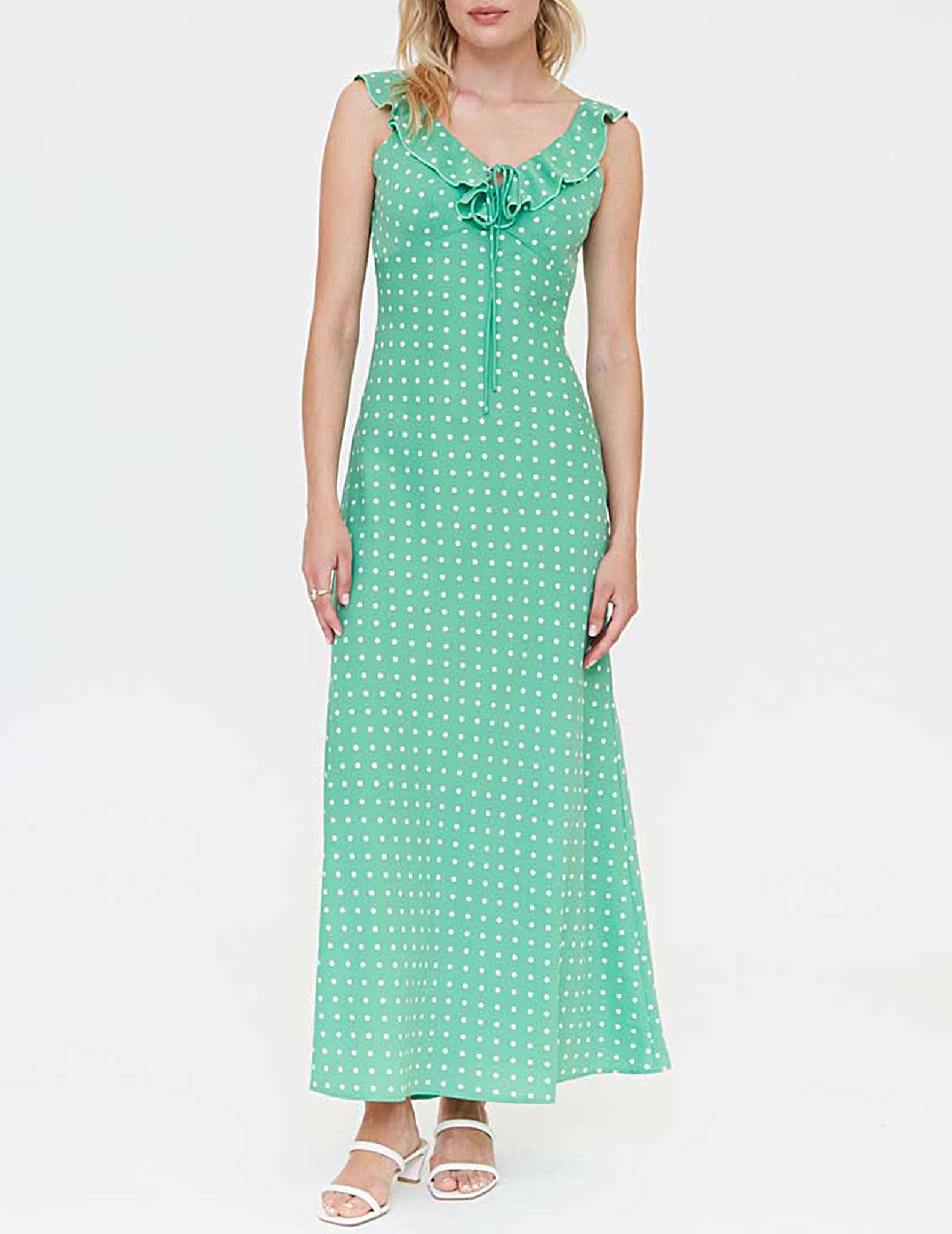 green polka dot ruffle dress Josephine Green Polka Dot Ruffle Dress - Green - Large