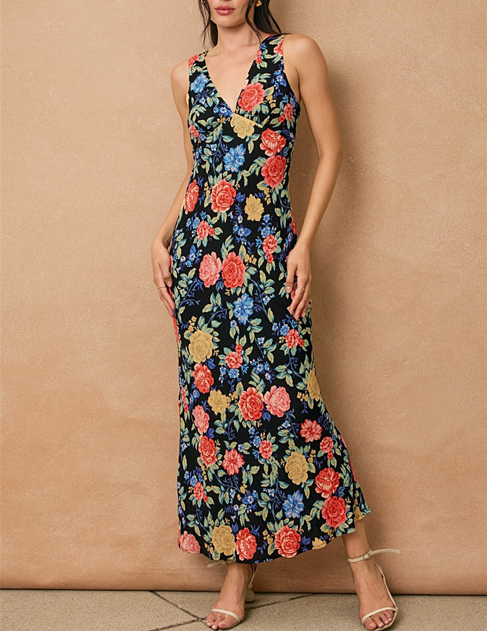 knee length dresses for ladies Roisin Tie Neck Maxi Dress-Black Whimsical Roses main image 1