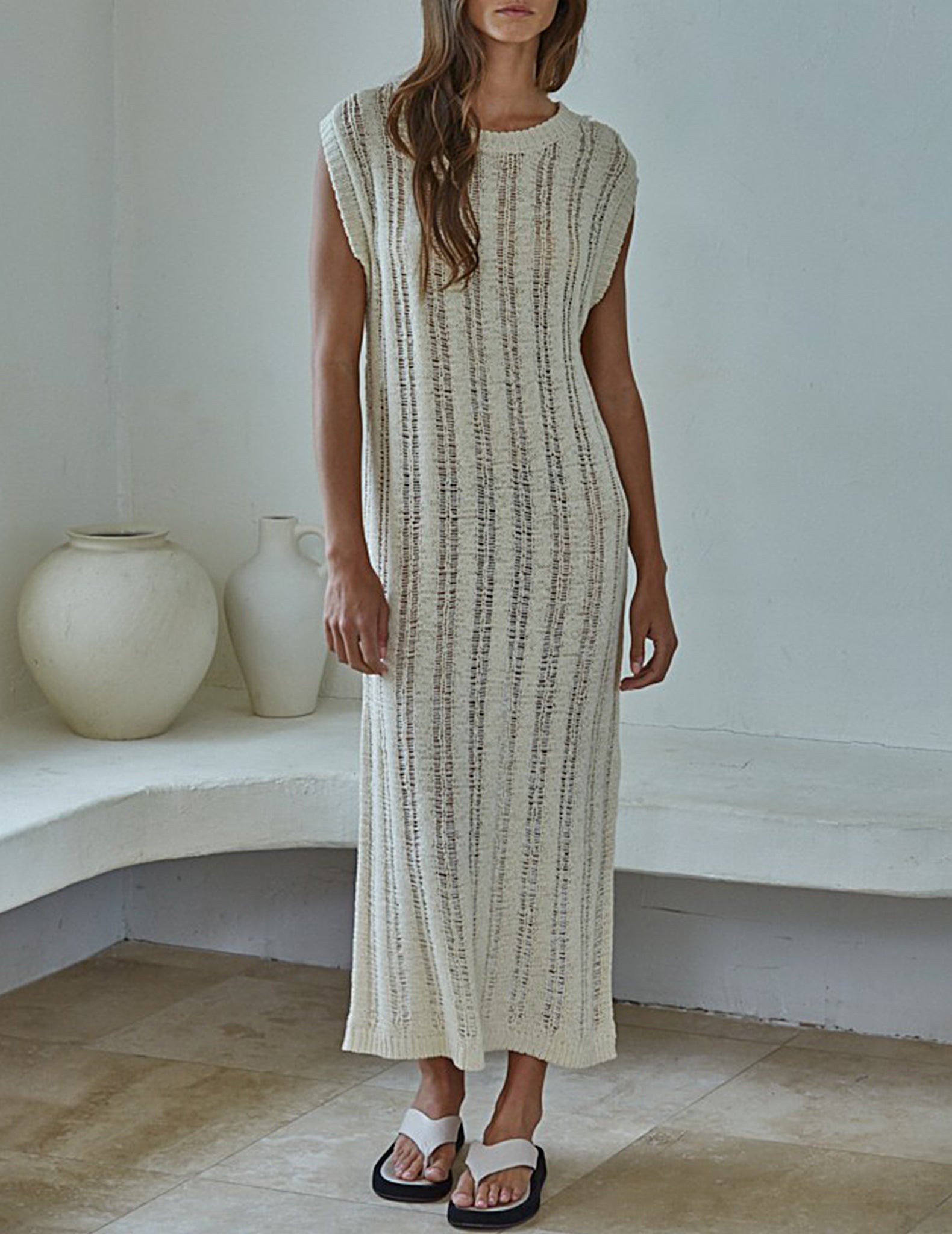 Lucie Ivory Open Knit Maxi Dress - Ivory - Large