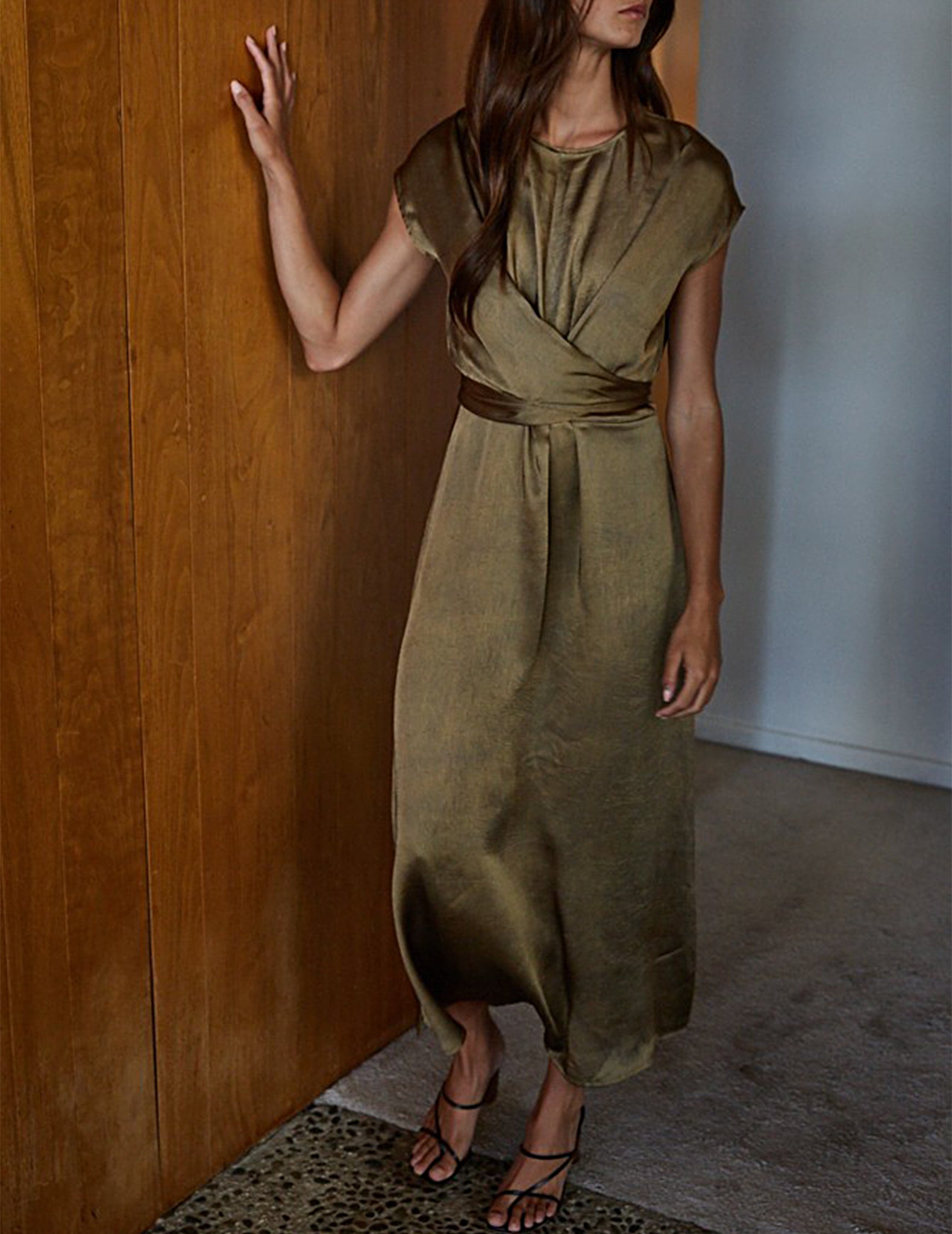 Maelle Wrap Waist Olive Gold Midi Dress - Olive - Small - Curated Women's Apparel & Home Goods By Cuffs. Maelle Wrap Waist Olive Gold Midi Dress - Olive - Small - Curated Women's Apparel & Home Goods By Cuffs.