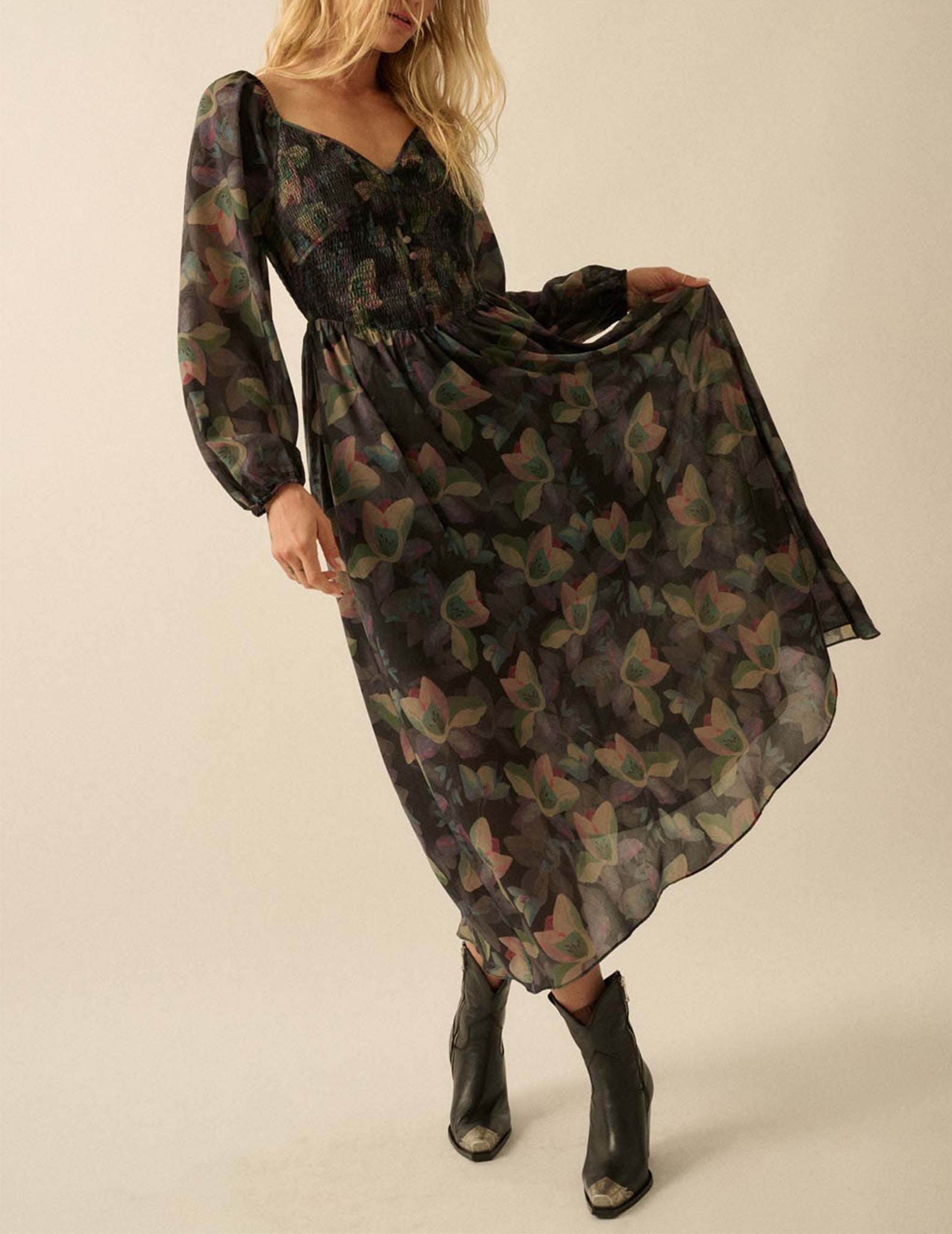long sleeve smocked dress floral Mari Smocked Long Sleeve Floral Dress - Floral - Small
