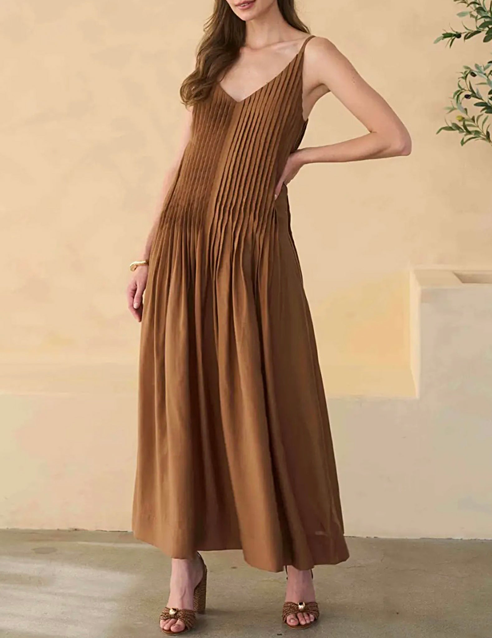 posey maxi dress Chocolate Pleated - Chocolate - Small 102427aa with a deep cowl PURE COTTON COMBO SET size:III