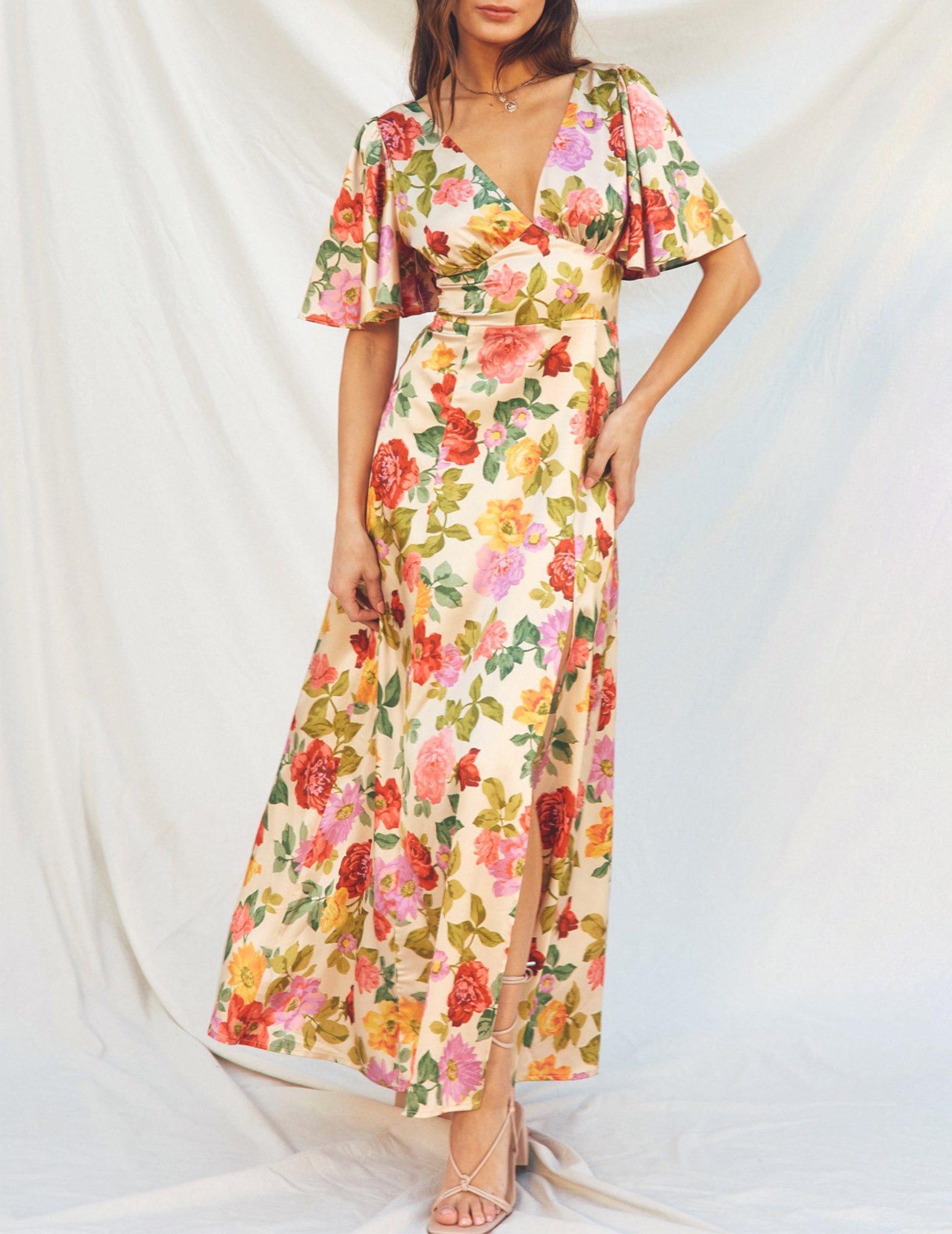 Taylor Flutter Sleeve Satin Floral Maxi Dress – Cuffs