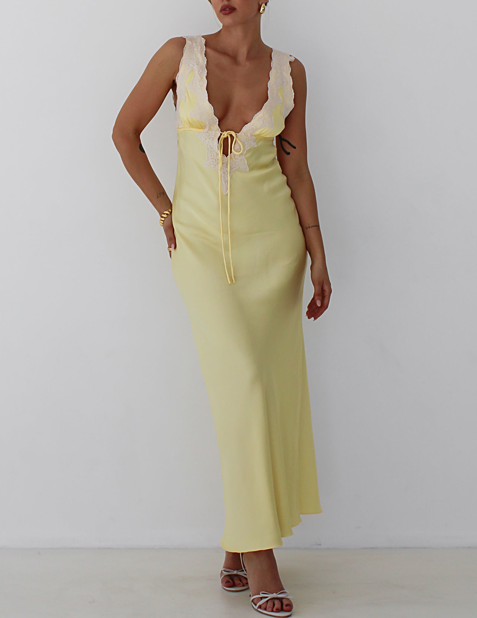 Venice Yellow Satin + Lace Slip Dress – Cuffs.