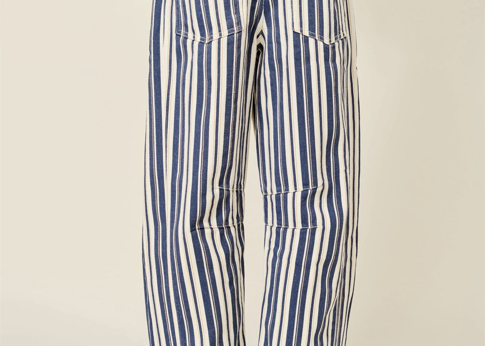 Striped cotton barrel pants, back view showing patch pockets