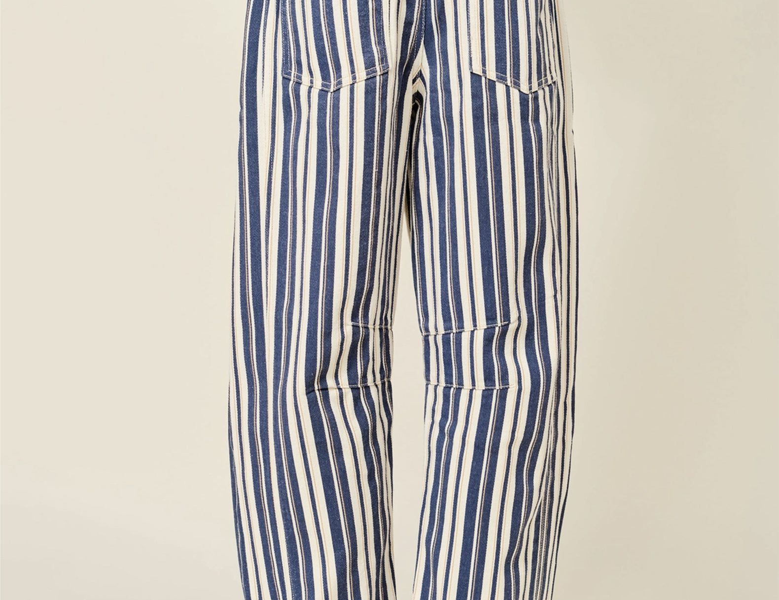 Striped cotton barrel pants, back view showing patch pockets