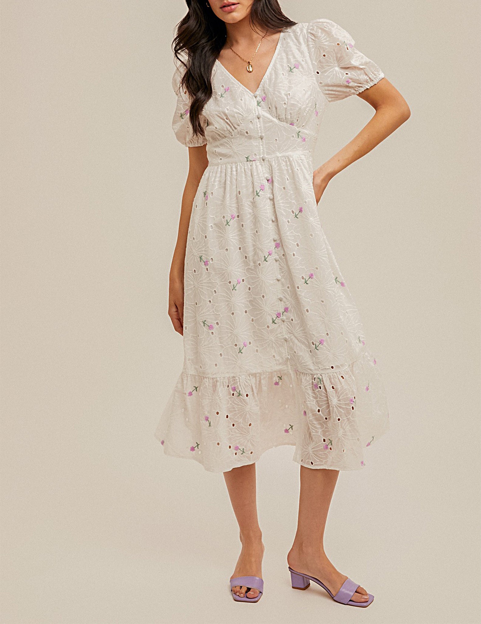 Hathaway White Embroidered Cotton Midi Dress - White - Large