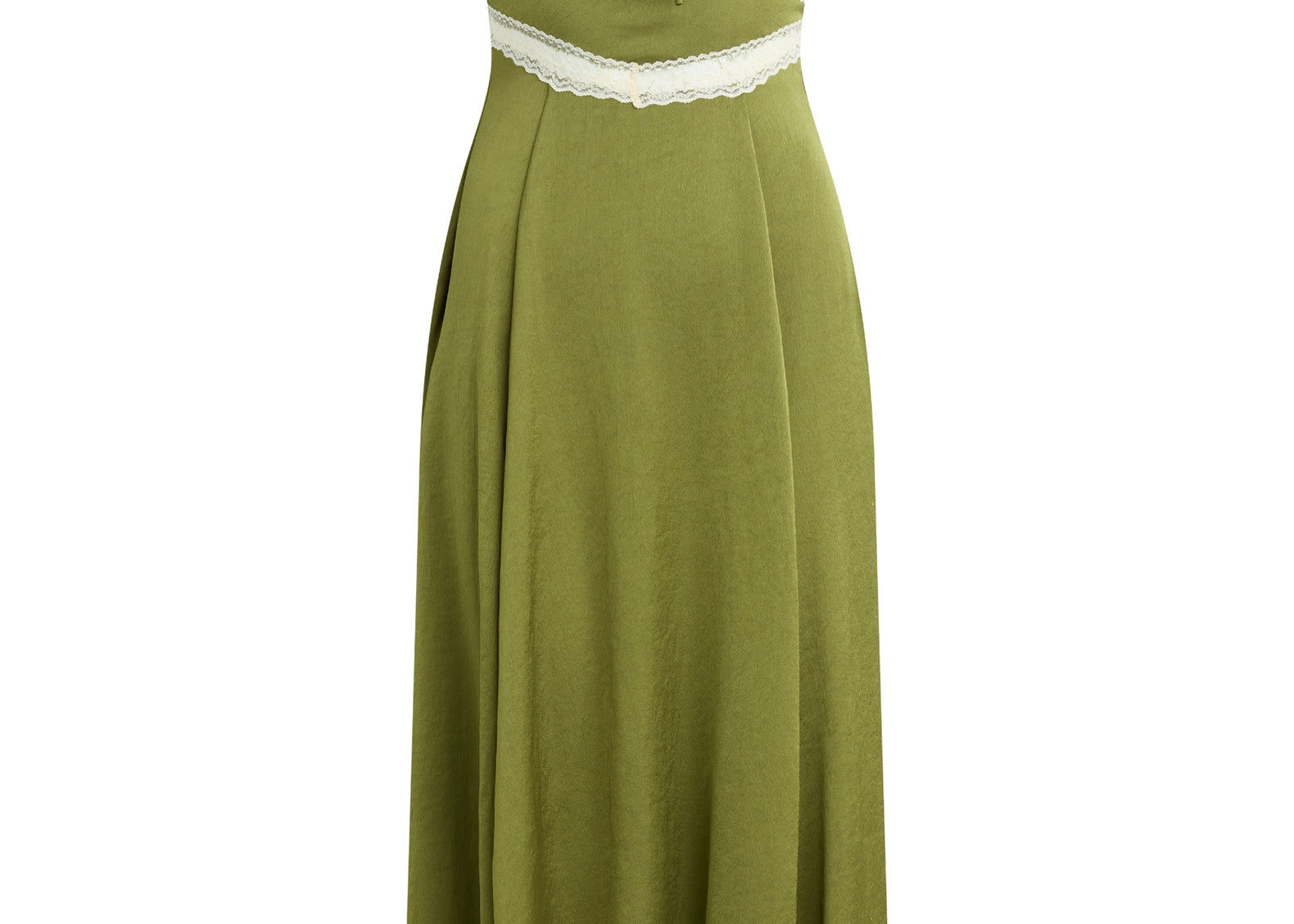 An olive green midi dress with thin straps, a V-neckline, and white lace trim along the bust, waist, and hem, shown against a plain white background.