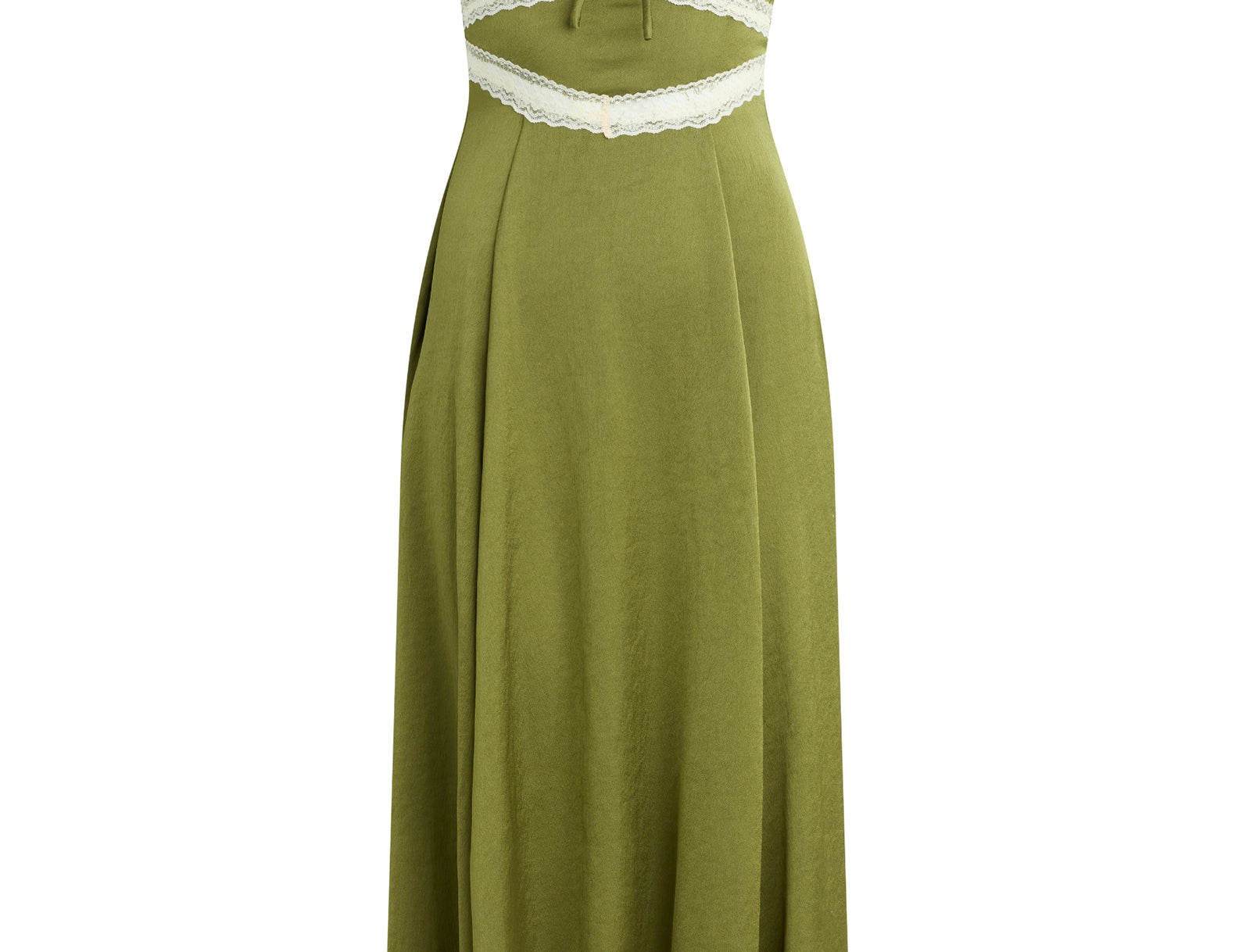 An olive green midi dress with thin straps, a V-neckline, and white lace trim along the bust, waist, and hem, shown against a plain white background.