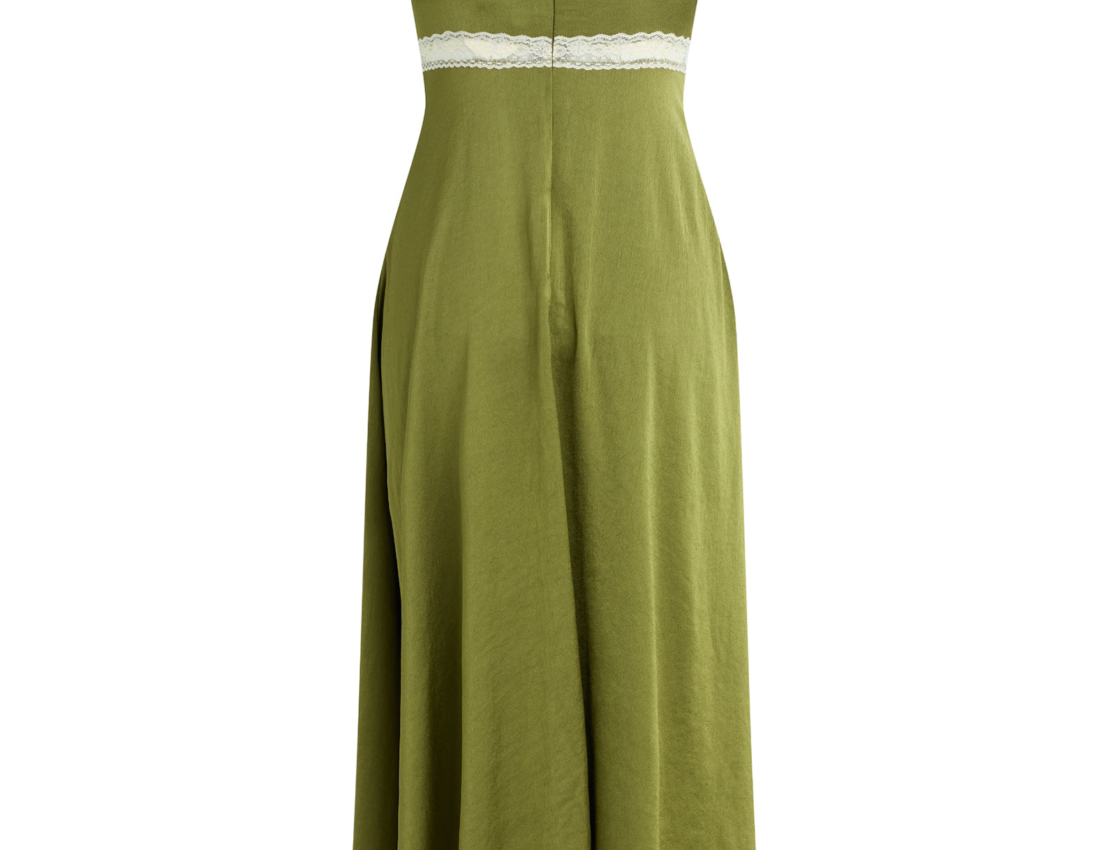Back view of an olive green midi dress with thin spaghetti straps, a V-neckline, and white lace trim details at the bust and hem, shown against a plain white background.