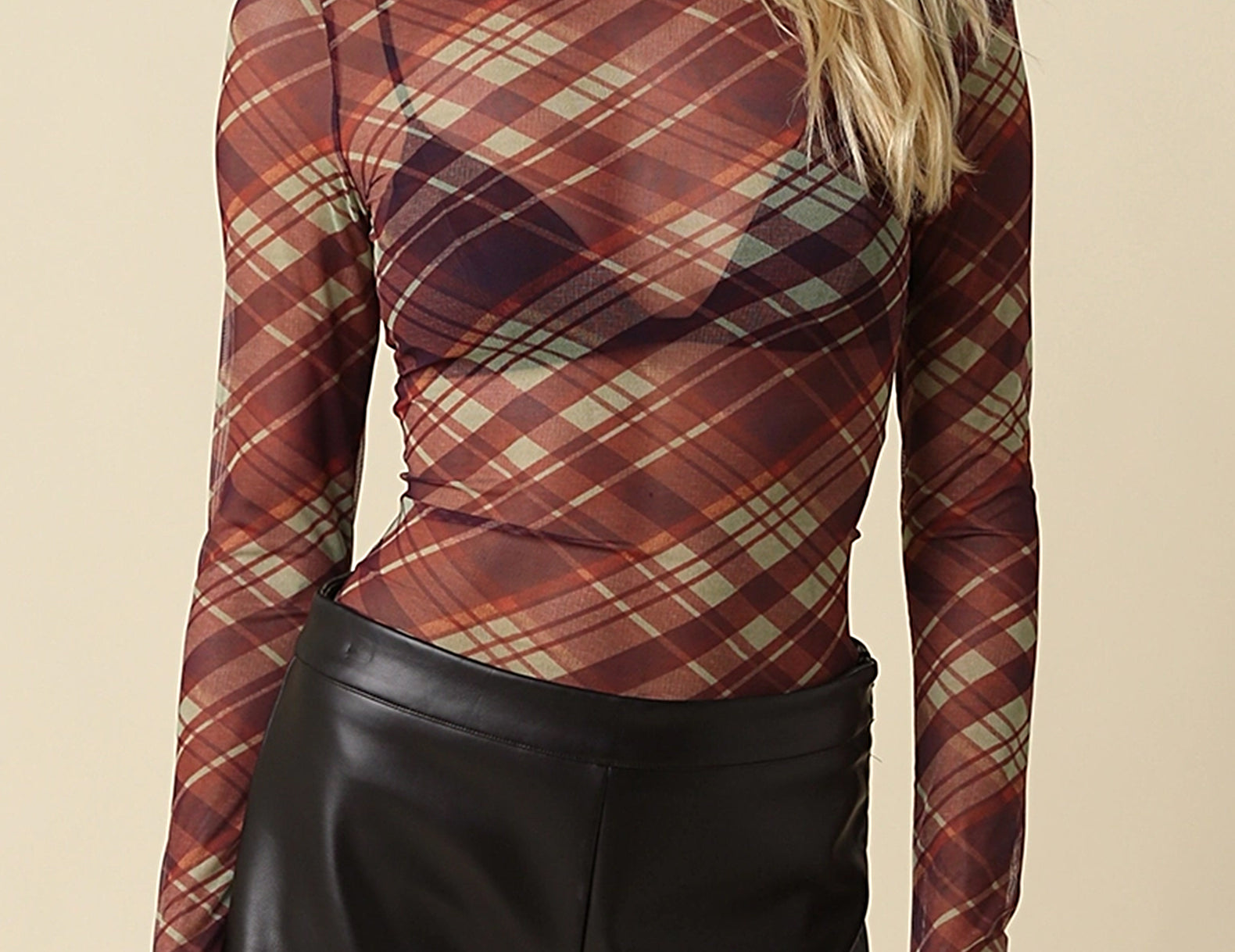 Front view of the Jackie Plaid Mesh Mock Neck Top, a sheer fitted burgundy and sage plaid mesh top with long sleeves