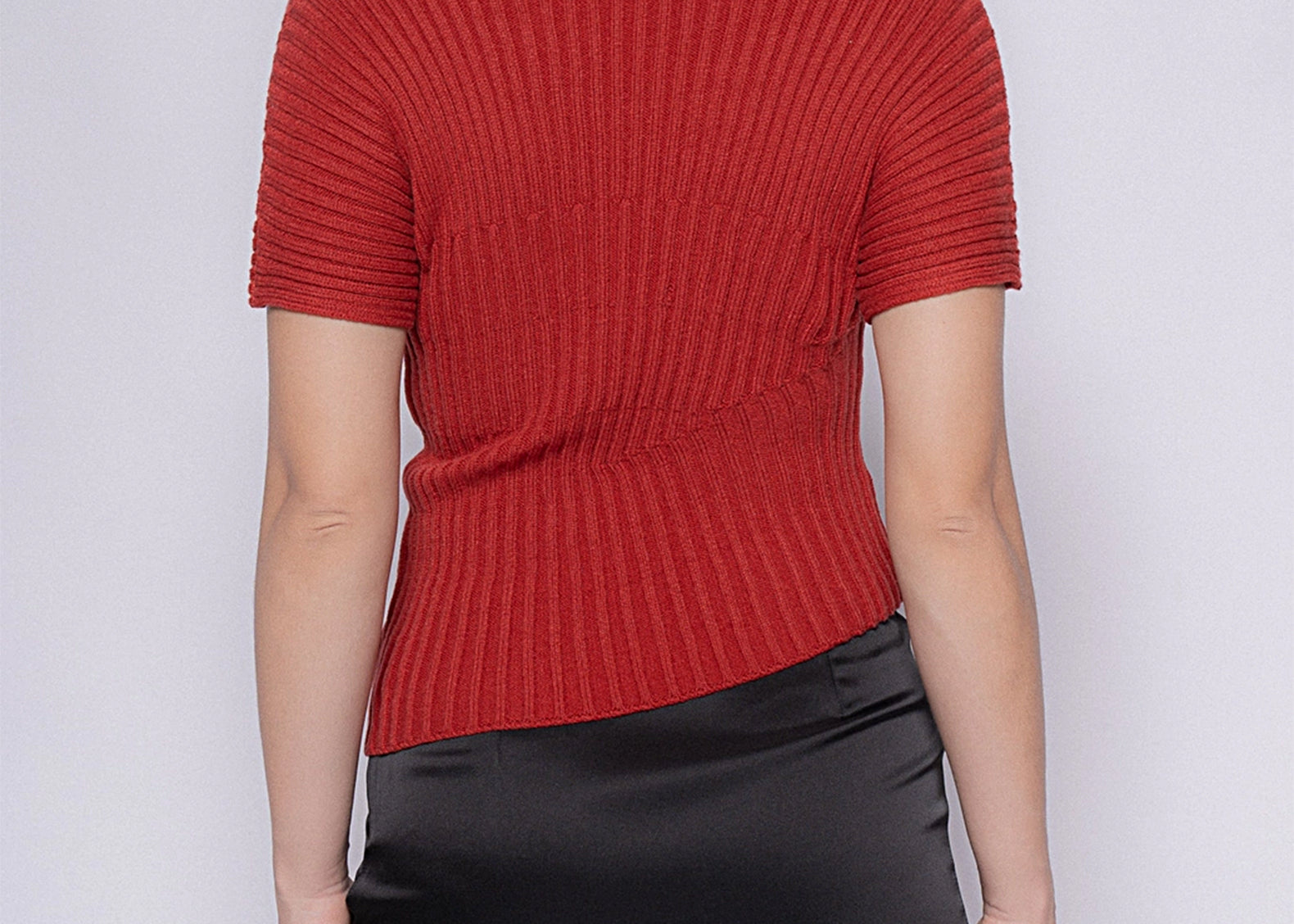 Back view of the fitted short sleeve rib knit sweater