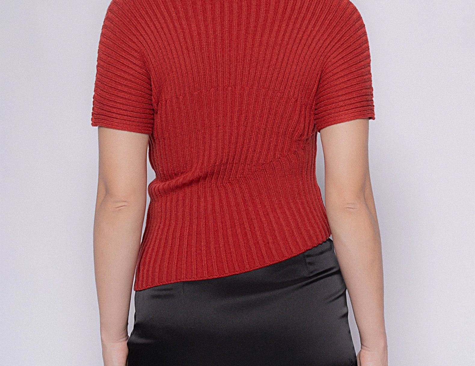 Back view of the fitted short sleeve rib knit sweater