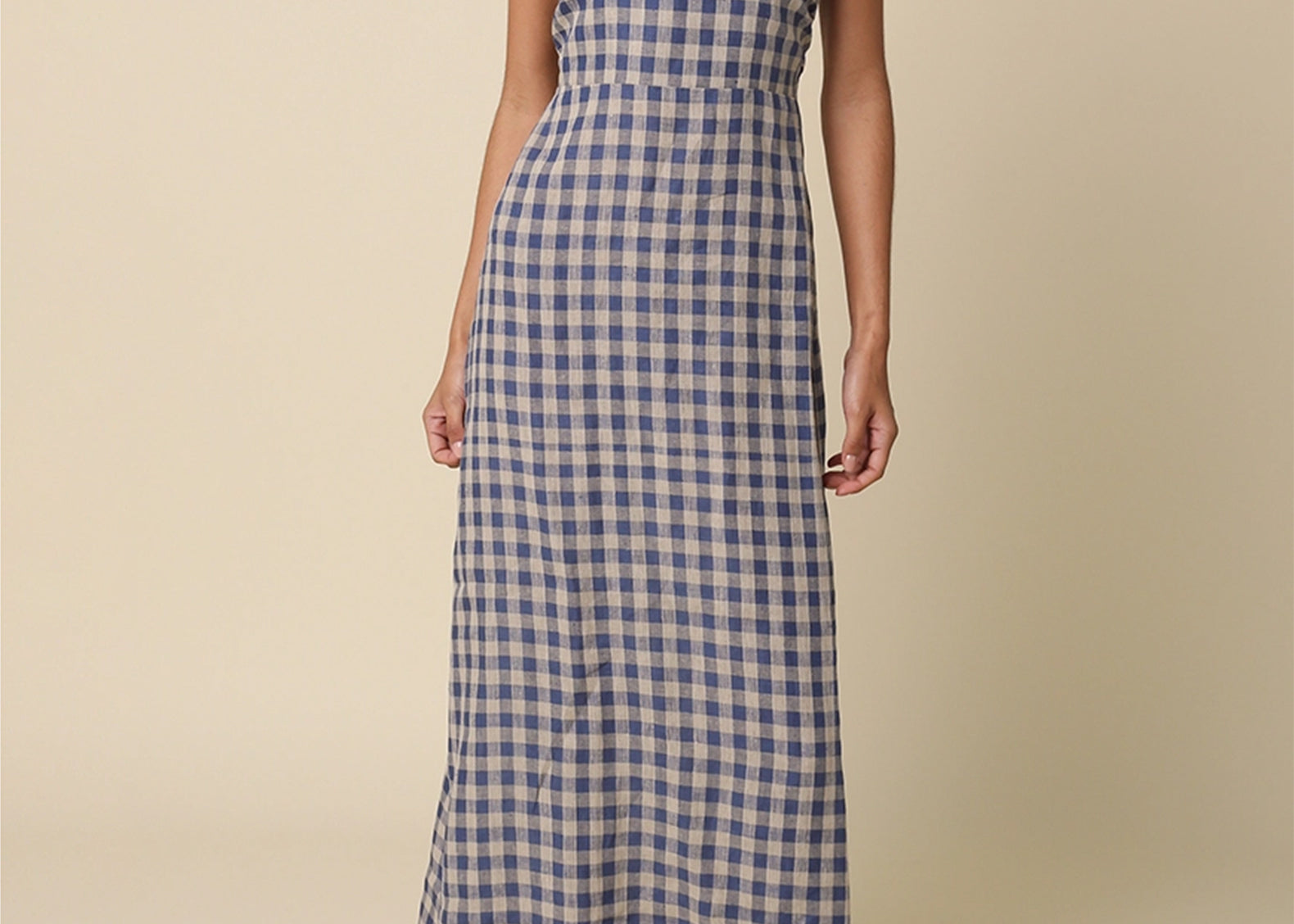 Mollie Gingham Strapless Linen Maxi Dress Cuffs. Mollie Gingham Strapless Linen Maxi Dress Cuffs.