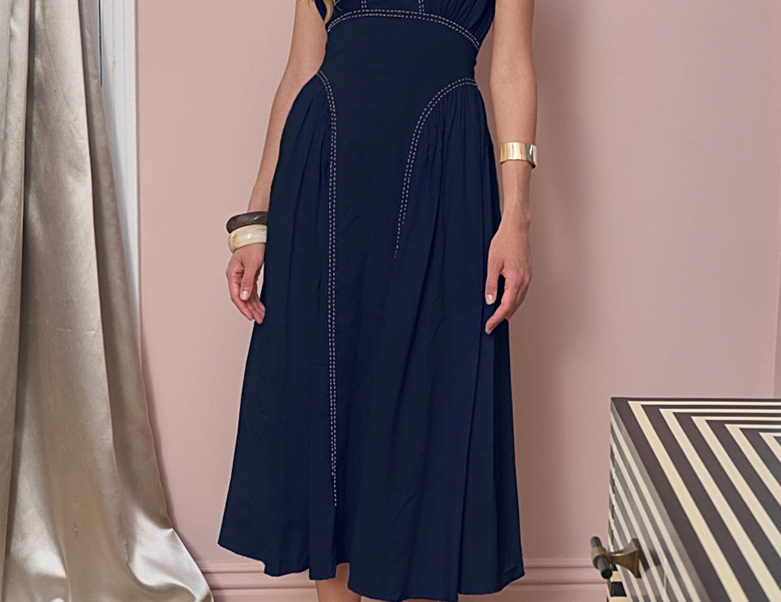 Noelle Cotton Navy Midi Dress Cuffs. Noelle Cotton Navy Midi Dress Cuffs.