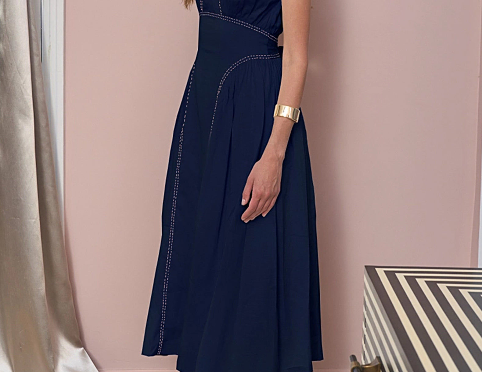 Noelle Cotton Navy Midi Dress Cuffs. Noelle Cotton Navy Midi Dress Cuffs.