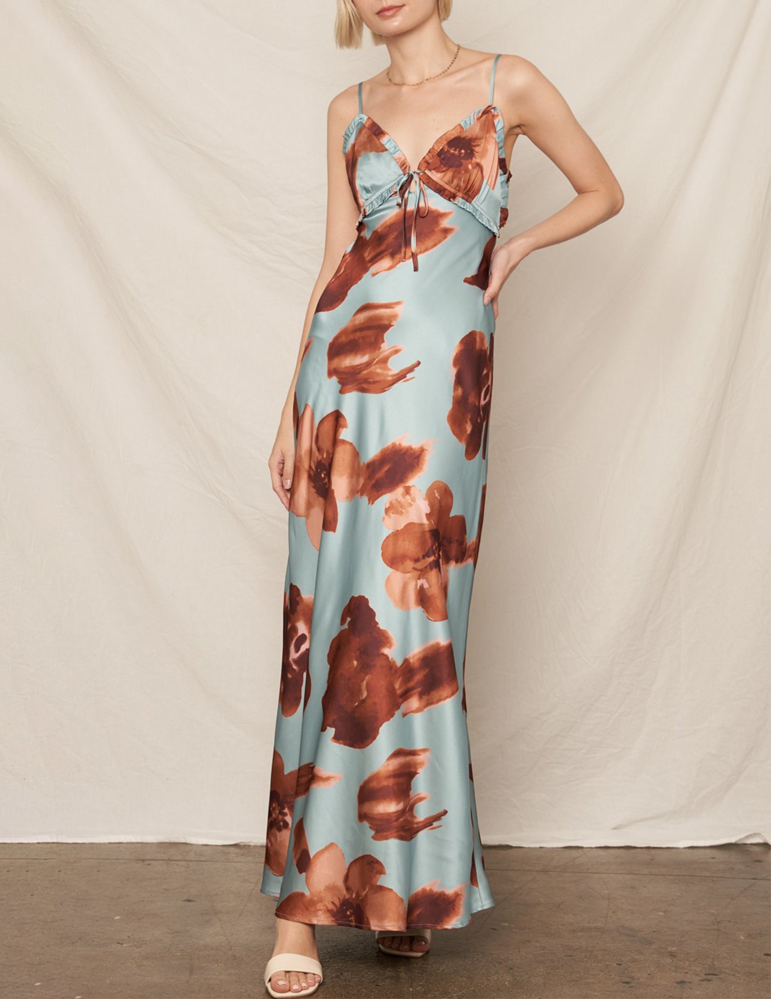 Peyton Rust + Sky Satin Floral Dress - Floral - Large