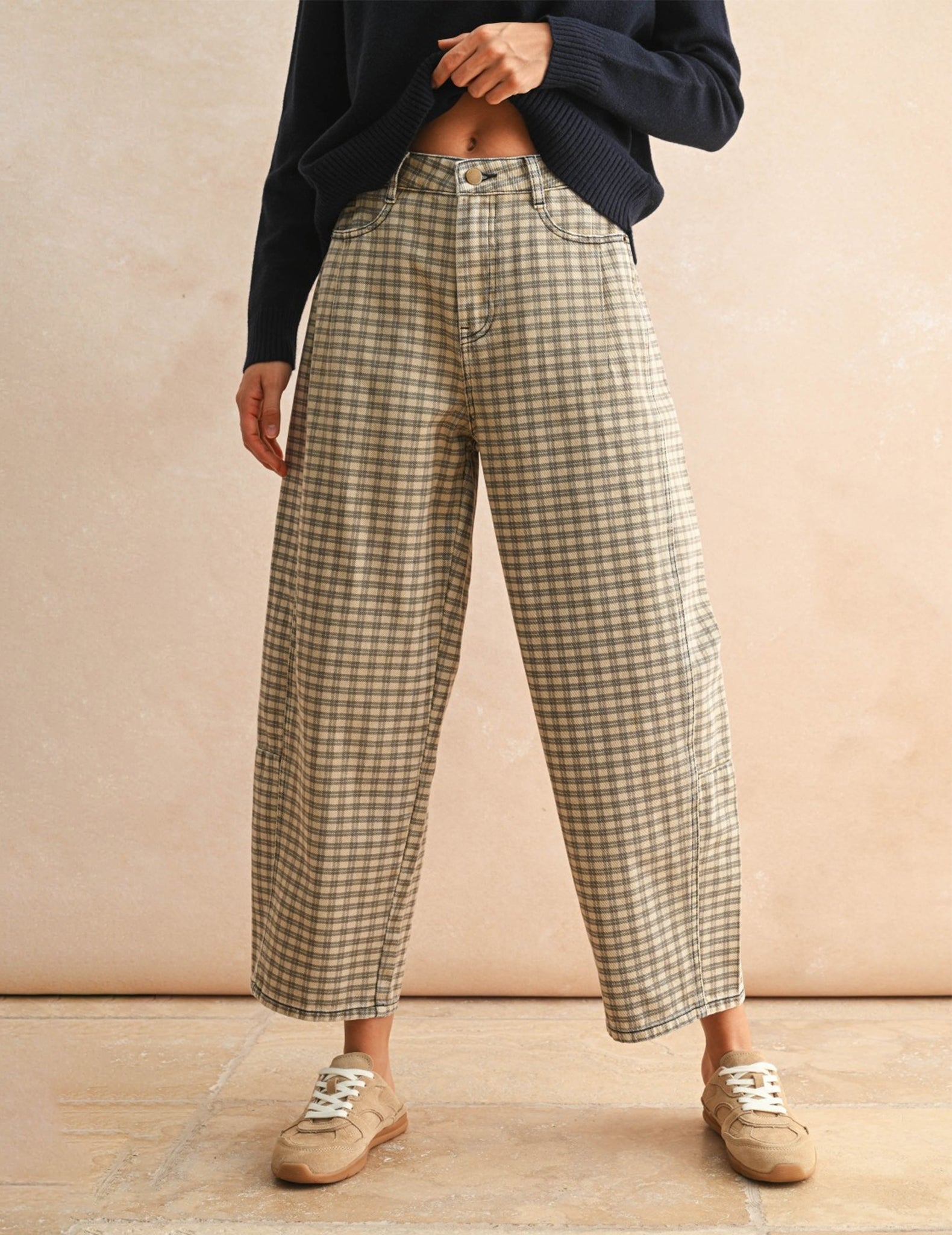 Rubi Plaid Cotton Barrel Pants