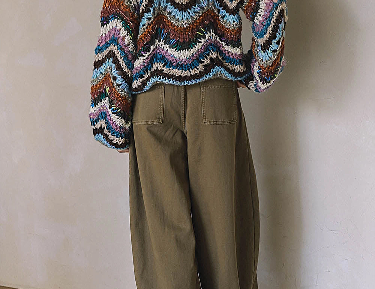 Back view of Sadie hand knit slouchy striped sweater
