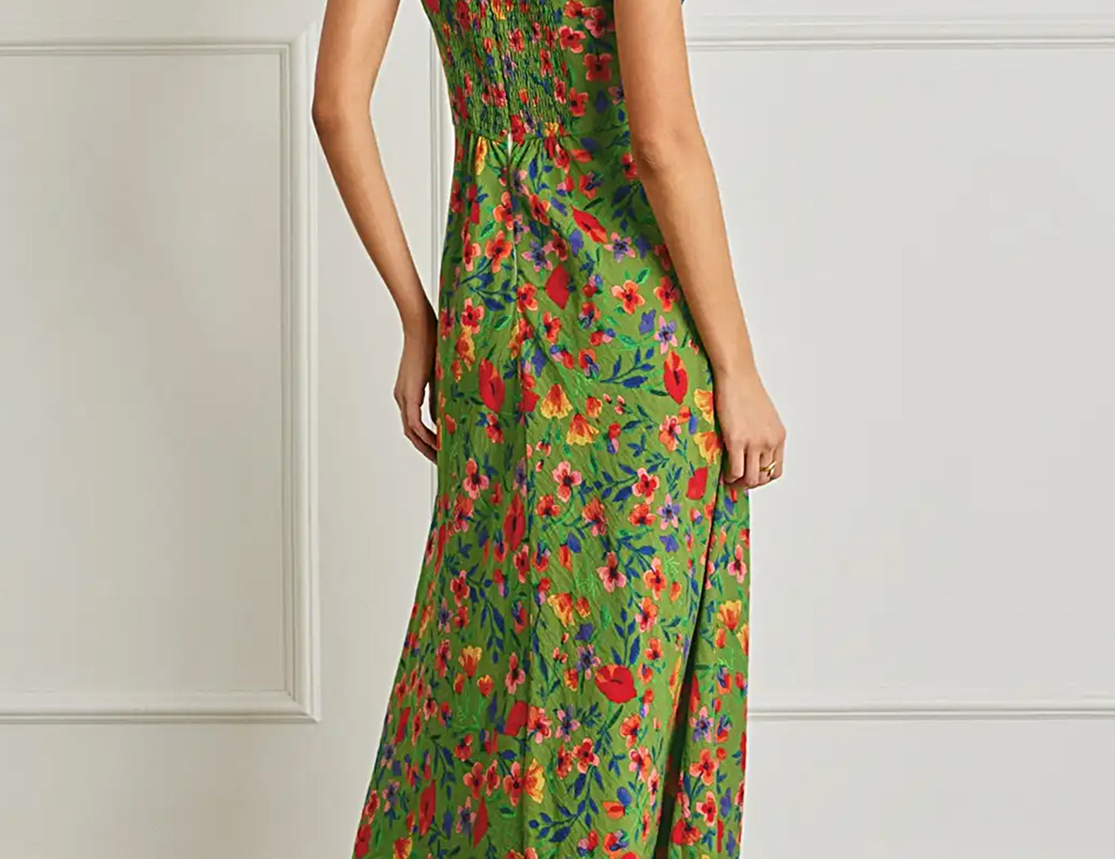 green floral midi dress Stella Gathered Bust Green Floral Midi Dress – Cuffs