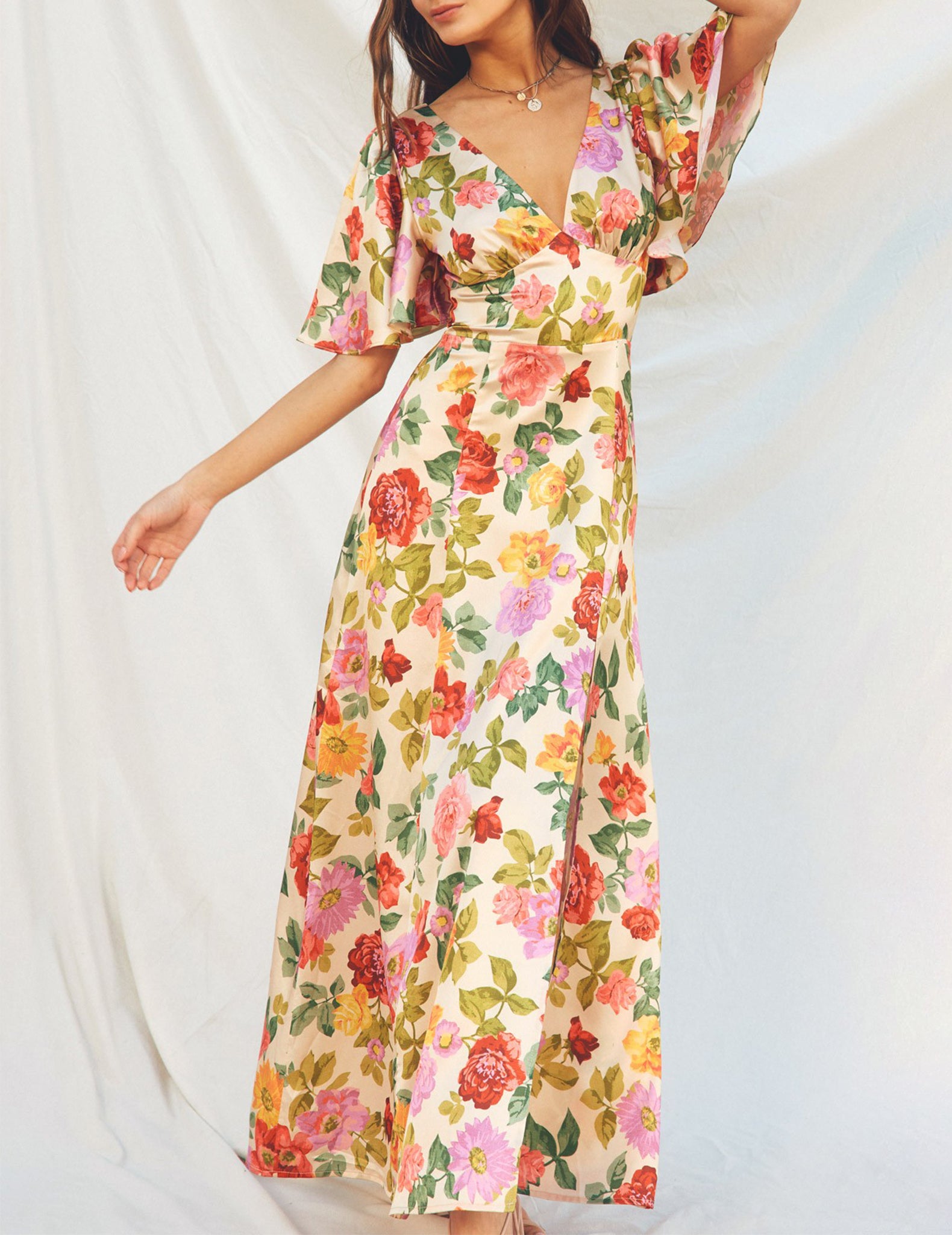 Taylor Flutter Sleeve Satin Floral Maxi Dress - Floral - Small - Curated Women's Apparel & Home Goods by Cuffs. Taylor Flutter Sleeve Satin Floral Maxi Dress - Floral - Small - Curated Women's Apparel & Home Goods by Cuffs.