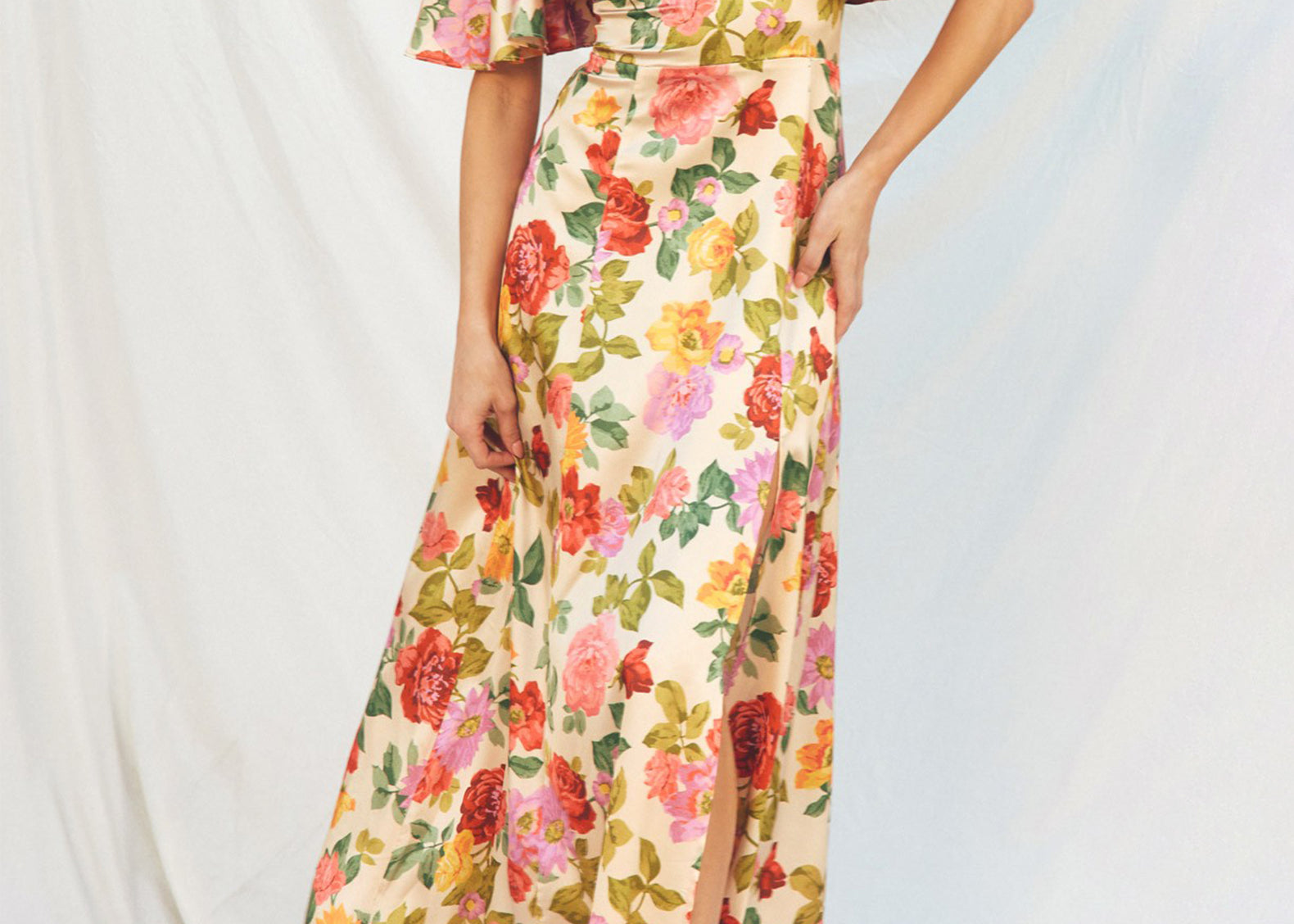Taylor Flutter Sleeve Satin Floral Maxi Dress Cuffs. Taylor Flutter Sleeve Satin Floral Maxi Dress Cuffs.