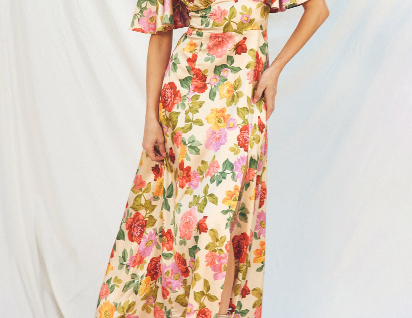 Taylor Flutter Sleeve Satin Floral Maxi Dress - Floral - Small - Curated Women's Apparel & Home Goods By Cuffs. Taylor Flutter Sleeve Satin Floral Maxi Dress - Floral - Small - Curated Women's Apparel & Home Goods By Cuffs.