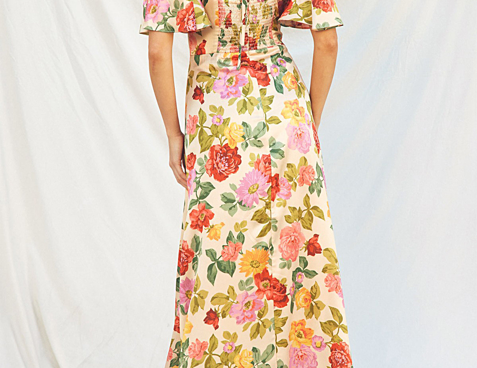 marie flutter shoulder bow back floral maxi dress Jannie Bow Back Floral Maxi Dress