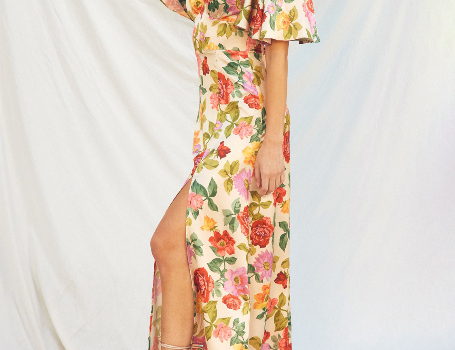 Taylor Flutter Sleeve Satin Floral Maxi Dress Cuffs. Taylor Flutter Sleeve Satin Floral Maxi Dress Cuffs.